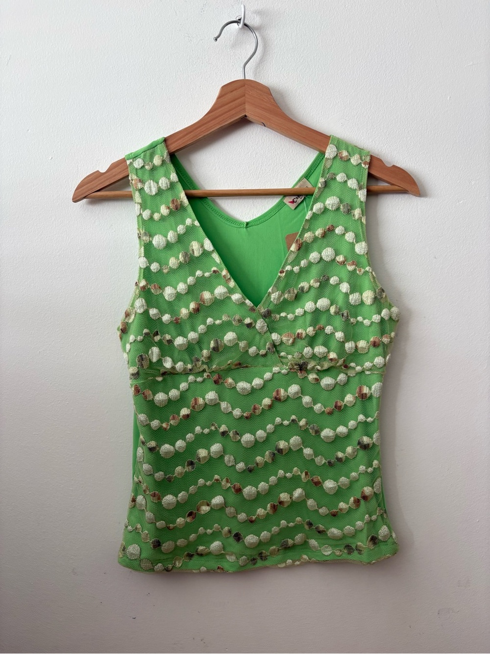 Green V-Neck Sleeveless Textured Dot Tank Top